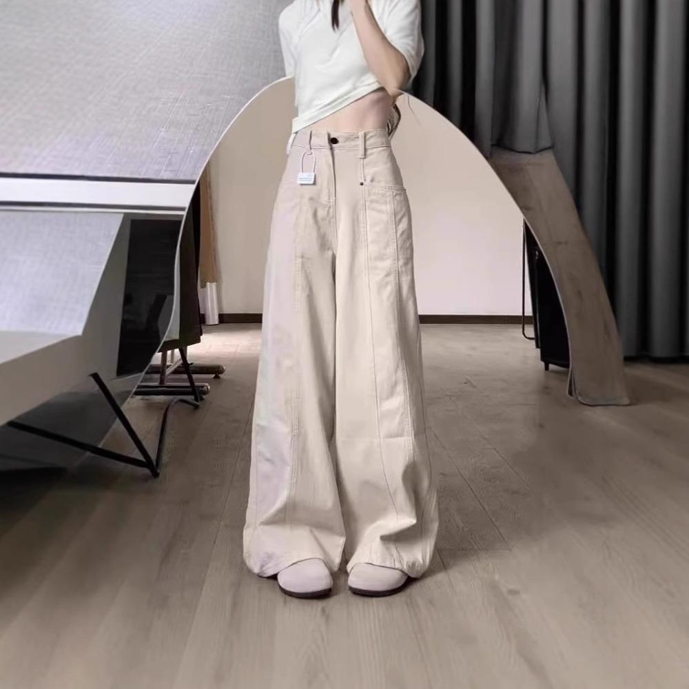 Women's High Waist Wide Leg Cargo Jeans Solid Apricot Straight Denim Pants Loose Draped Floor Length American Retro Casual Trousers