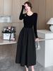 Black Hollow Knitted Long-sleeved Dress Women's Autumn Feeling Hepburn Style Small Black Dress Temperament Waist Long Skirt
