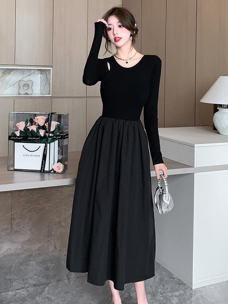 Black Hollow Knitted Long-sleeved Dress Women's Autumn Feeling Hepburn Style Small Black Dress Temperament Waist Long Skirt