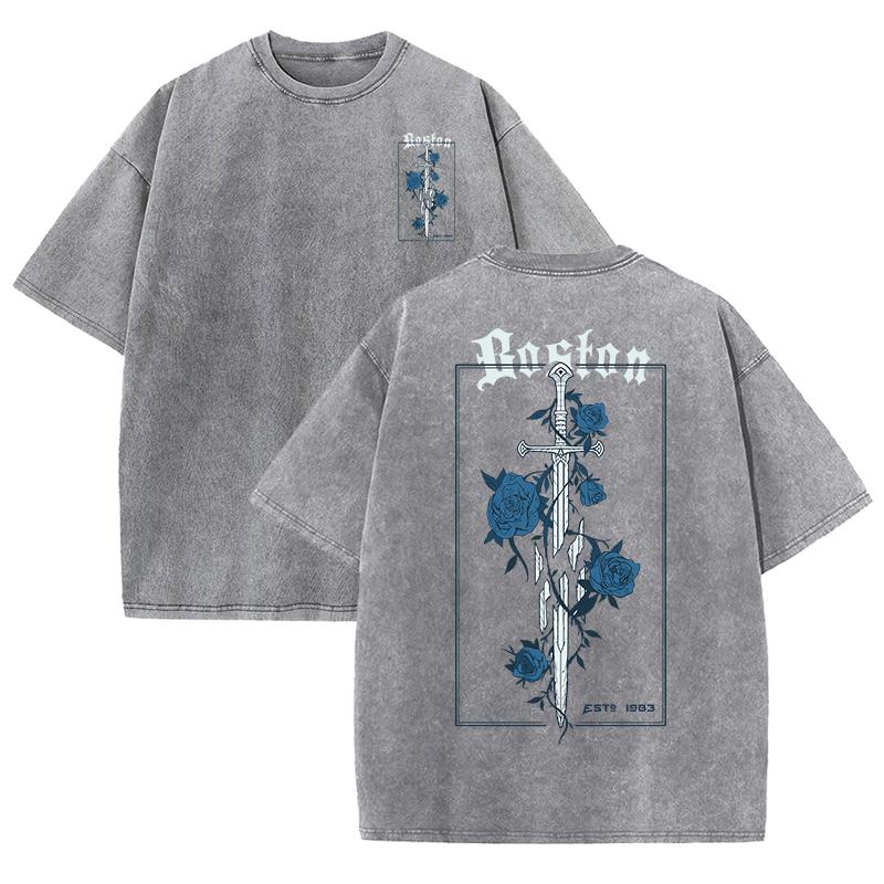 Rose And Sword Printed Washed neutral wear summer multi-color round-neck T-shirts, pure cotton clothing for both Women