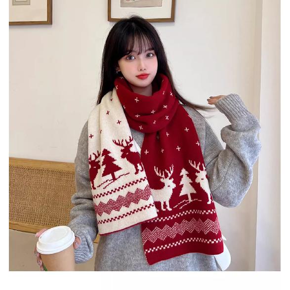 Christmas Reindeer Scarf New Red Unisex Winter Couple Style Versatile Fashionable Mid-Length Knitted Wool Neck Warmer
