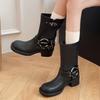 Mode Britischer Stil Retro Runde Zehe Mid-Calf Stiefel Dicker Absatz Plateau Damenstiefel Winter Neu Western Mode Übergröße Stiefel