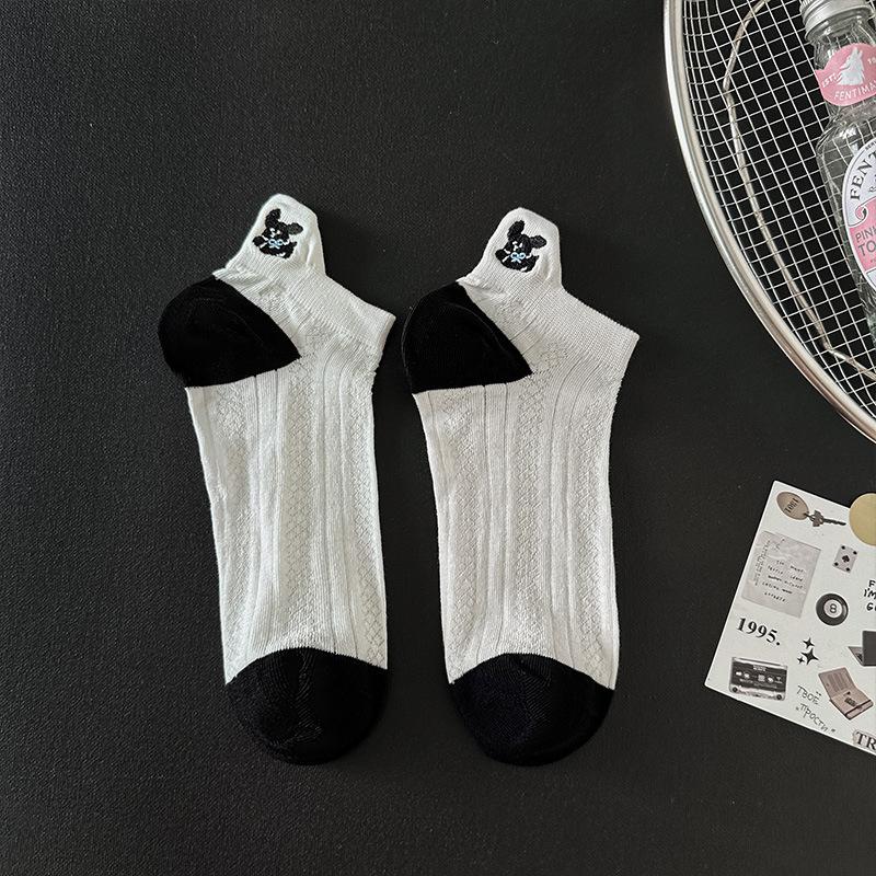 Cartoon-embroidered Socks for Women In Summer, Thin Mesh Hollowed-out Boat Socks with Striped Raised Ears, Boneless Short Socks