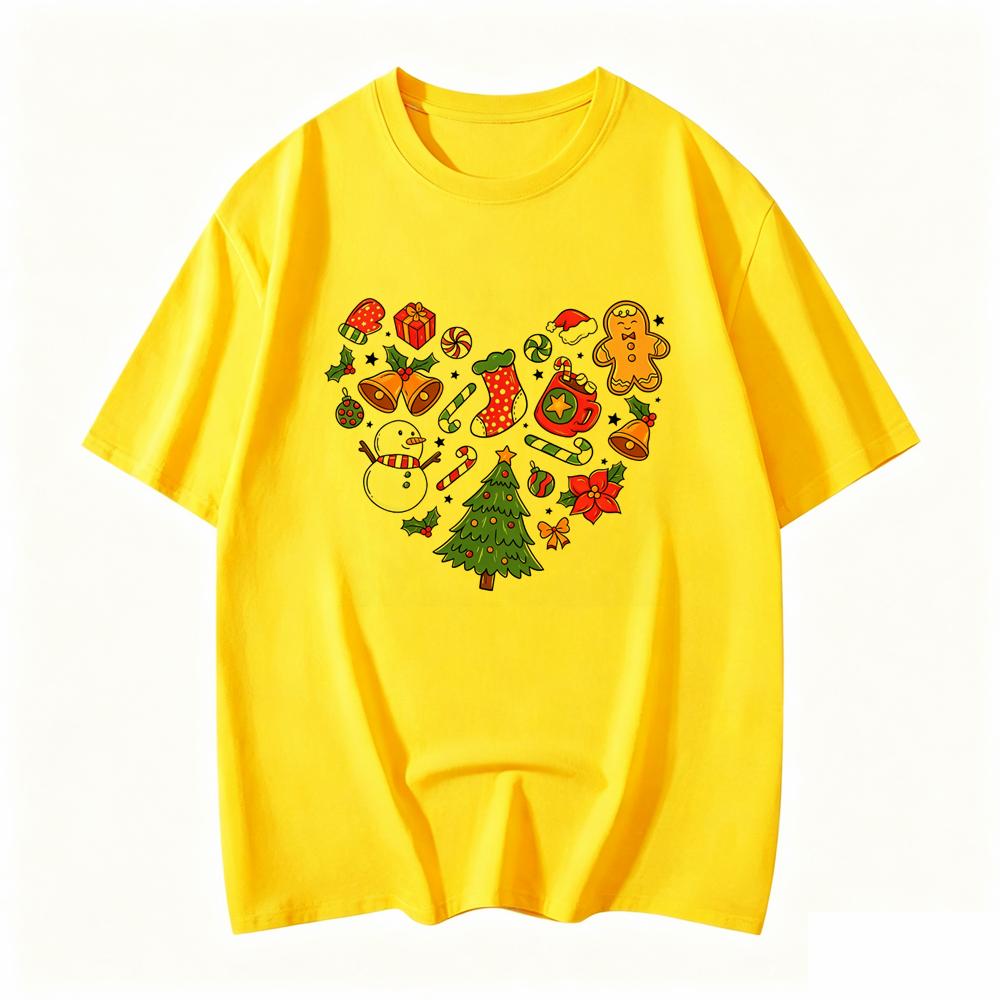 Christmas Heart Print Tshirt Holiday Design Featuring Gingerbread Unisex Candy Canes And Snowflakes Soft Crew Neck Casual Top