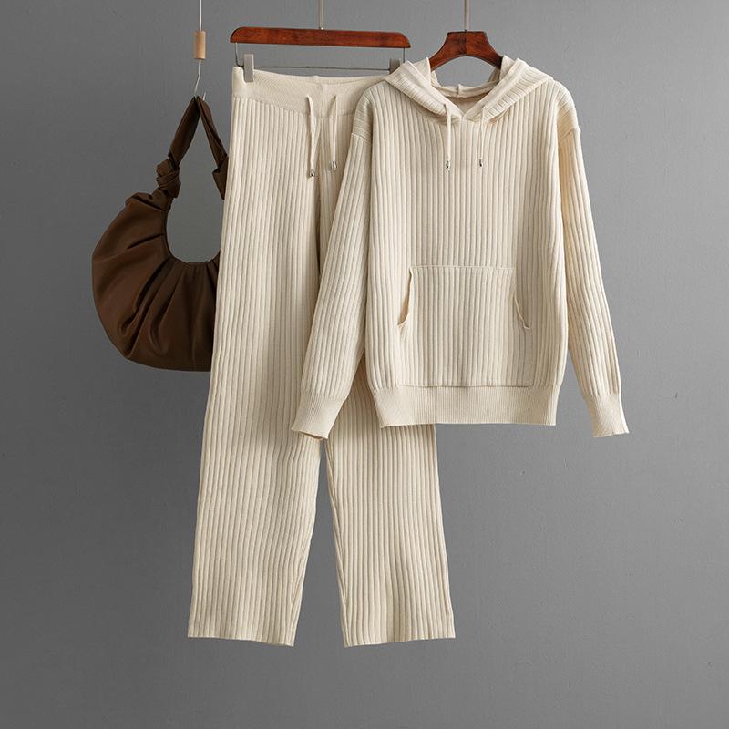 

Casual Knitted Set Women s Autumn Winter Hooded Knitted Sweater Two Piece Set OneSize абрикосовий