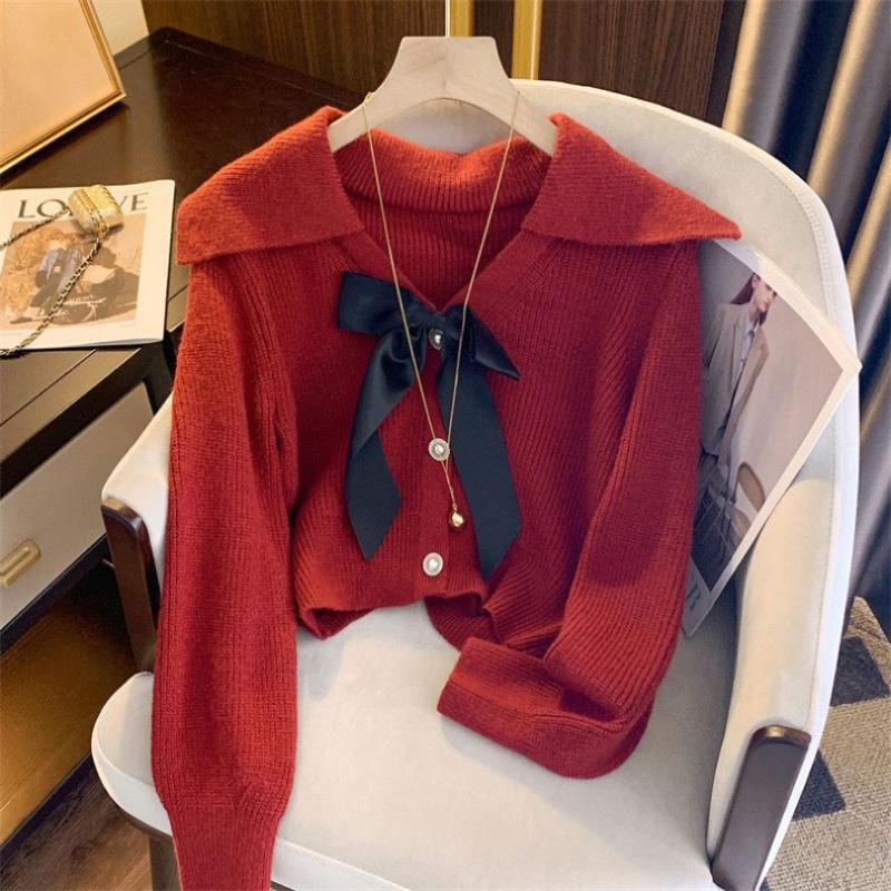 Pulover cu guler cu papillon Cardigan tricotat Jachetă Femei 2023 Iarna franceză moale ceară cu mânecă lungă Cardigan casual Pulover Femeie Top