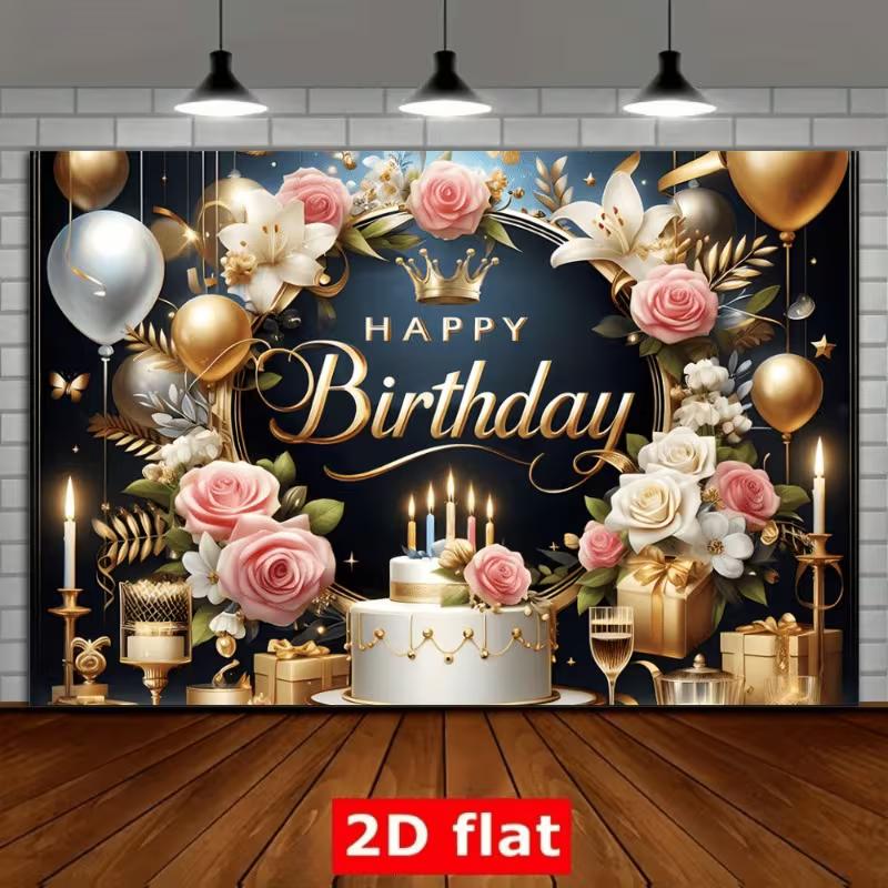 2D Květinová Koruna Narozeninová Závěsná Dekorace, Luxusní Černozlatý Party Dekorace Banner