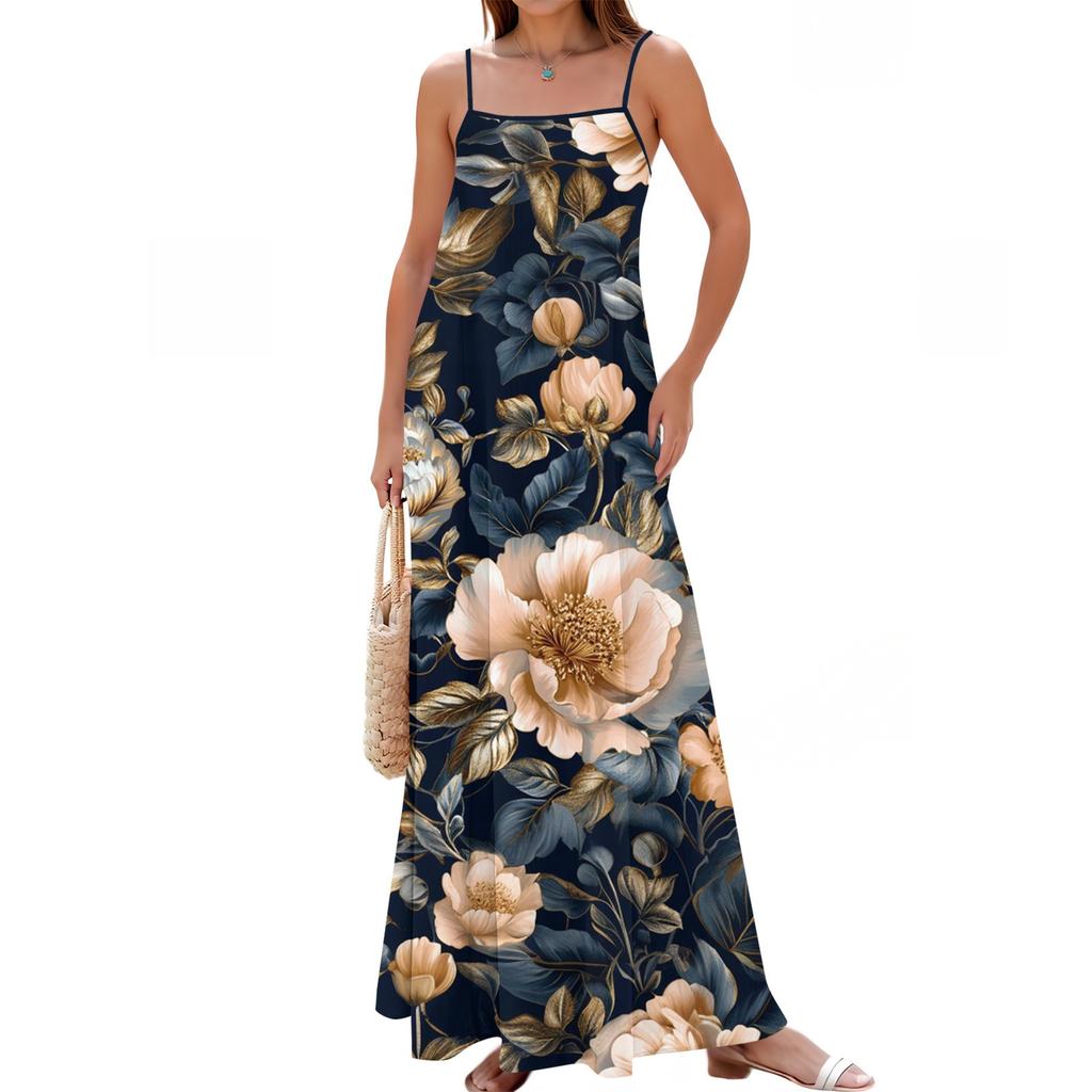 Women's Spring And Summer Casual Fashion Adjustable Suspenders Printed Long Dress