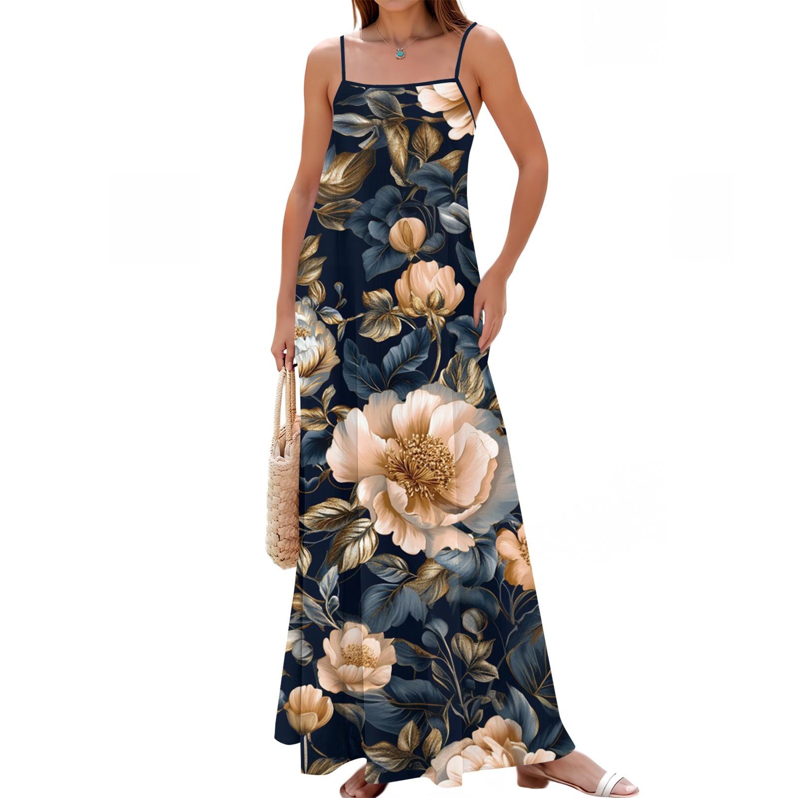 

Women s Spring And Summer Casual Fashion Adjustable Suspenders Printed Long Dress S