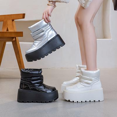 Europäischer Stil Damen Schneestiefel 2024 Winter Neuankömmling Dicke Sohle 8CM Erhöhte Höhe Mittlere Wade Wasserdicht Rutschfest Baumwollfutter