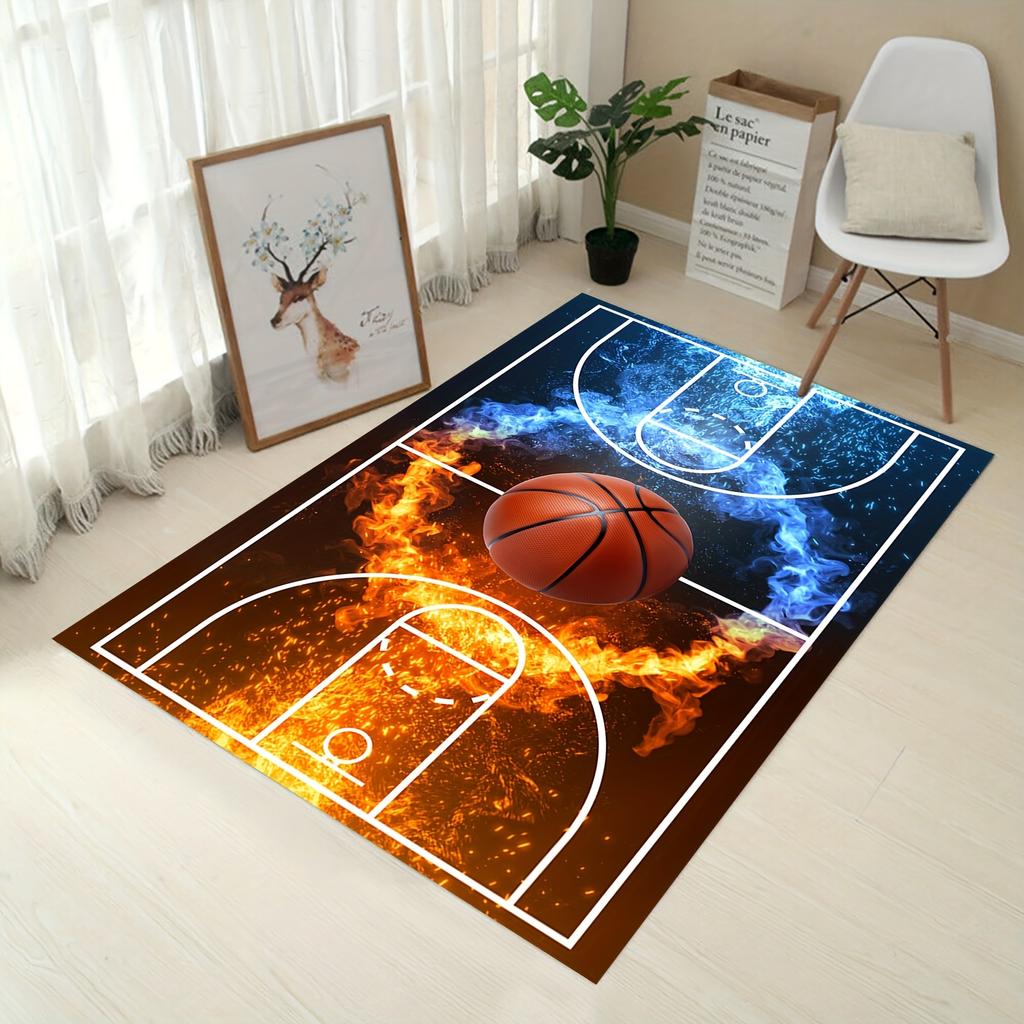 Large Basketball Court Carpet Non Slip Velvet Area Mat Flame Ice Design Machine Washable Polyester Indoor Outdoor Sports Decor
