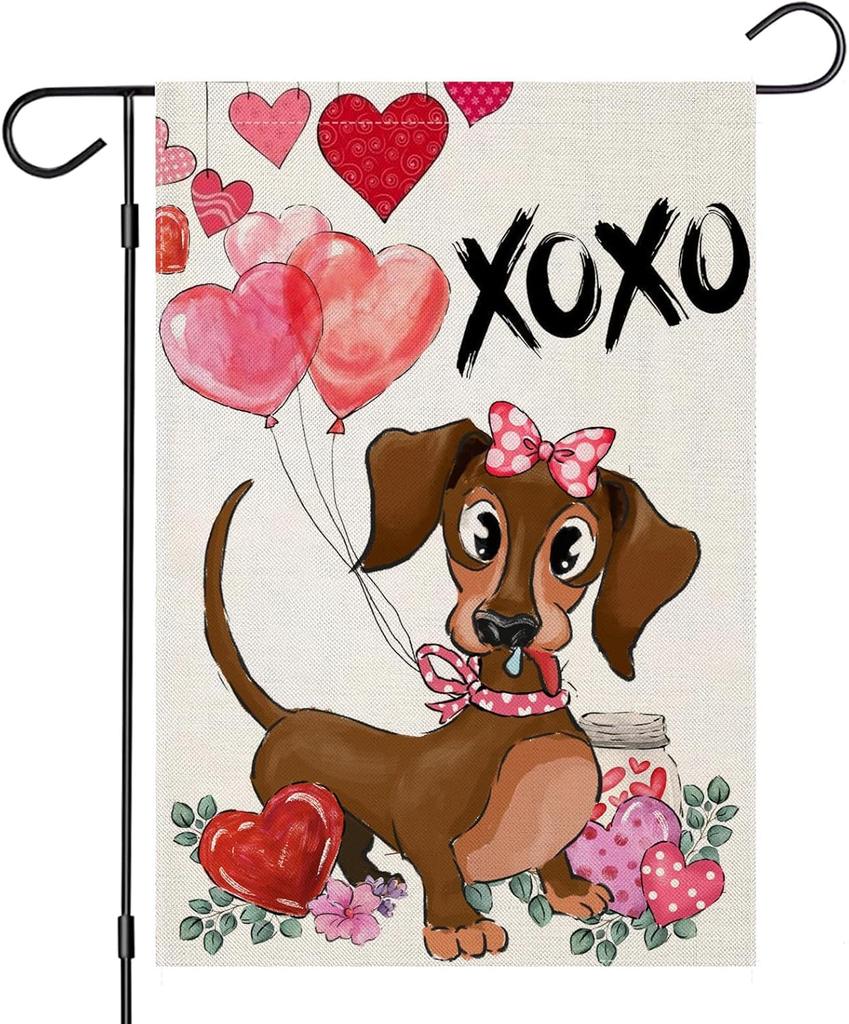 Valentines Day Garden ags for Outside, Dachshund Dog with Balloons Small Seasonal Decoration for Holiday Anniversary Weddi SSL