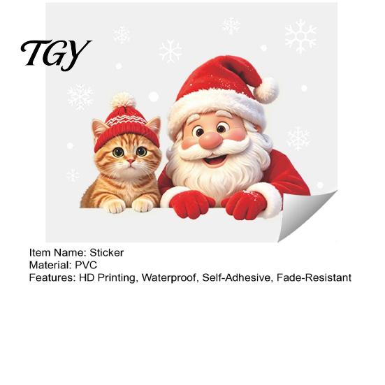 Holiday Glass Decals Christmas Santa Cat Window Sticker, Snowflake Xmas Decal, Waterproof Seasonal Pet Lover Gifts Self-Adhesive Decor for Balcony