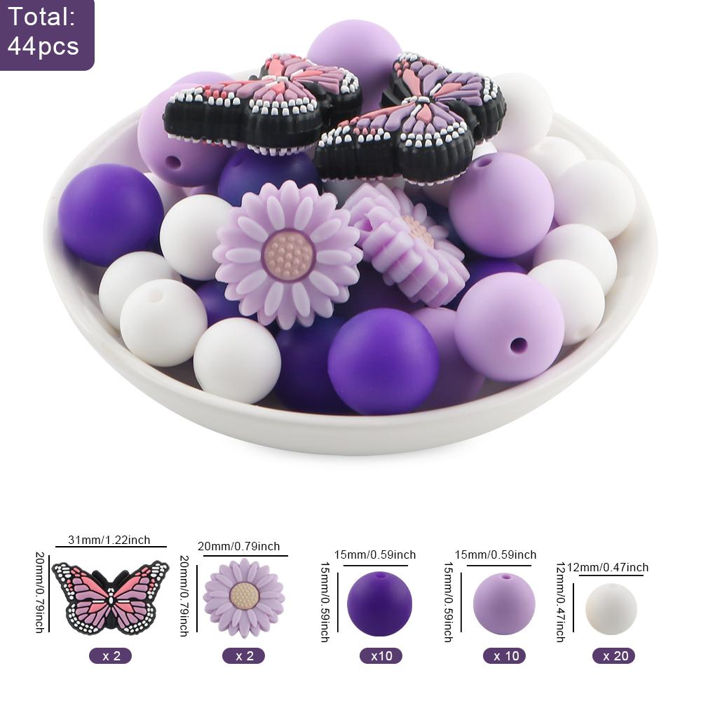 

44Pcs/Set New Silicone Focal Beads Flower Butterfly Round Loose Bead For Jewelry Making DIY Keychain Pen Bracelet Accessories