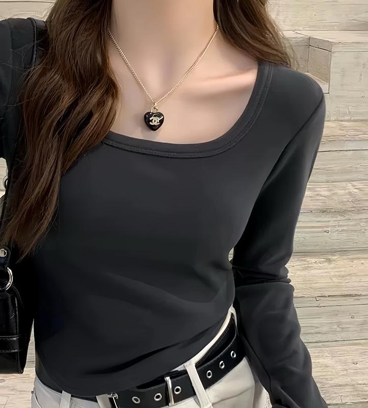 Women's U-Neck White Long Sleeve Fleece Lined T-Shirt, Slim Fit - 2024 Spring/Autumn/Winter Collection