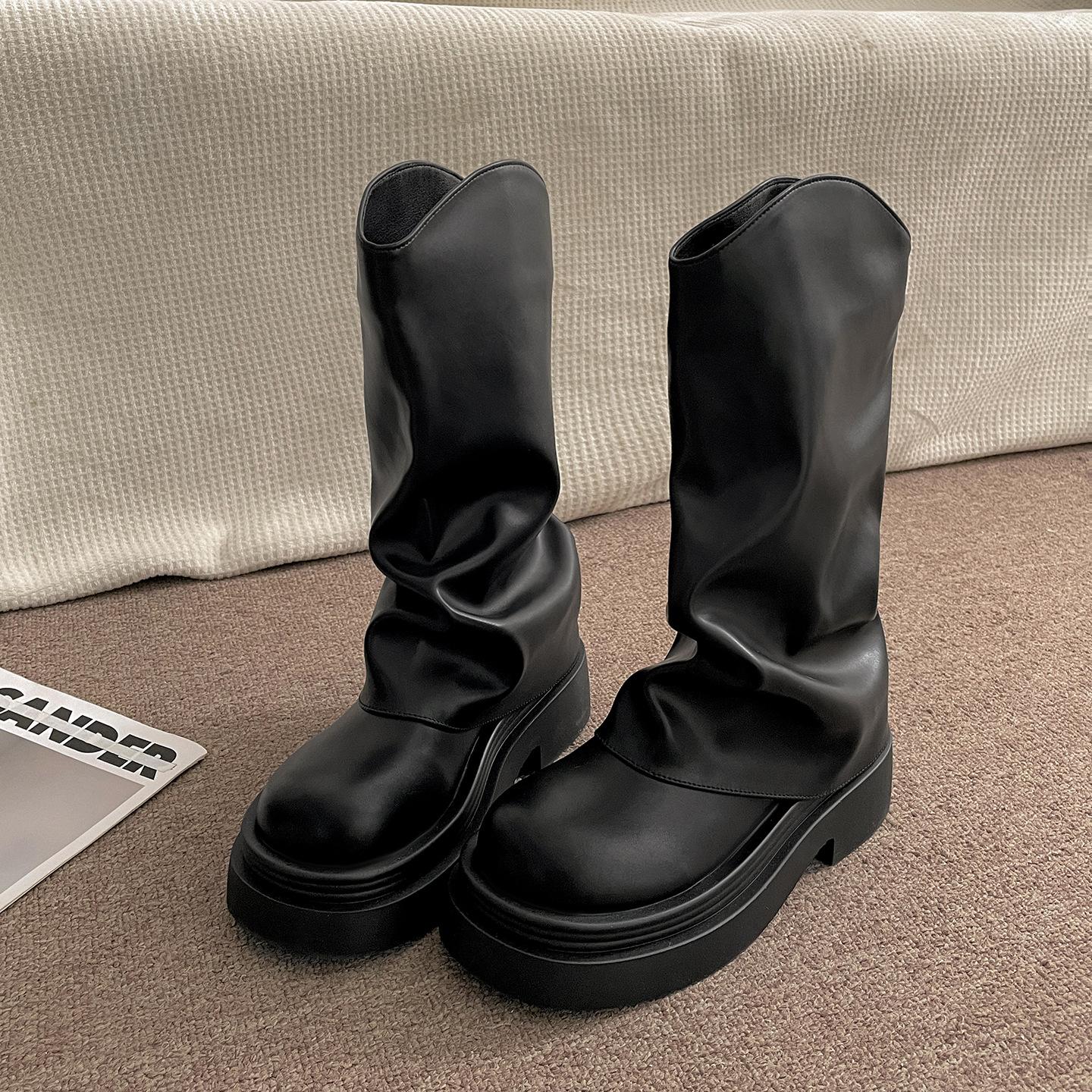 

Popular black retro versatile thick high-heeled trouser boots women s 2025 new summer Maillard soft-soled medium boots 35 чёрный