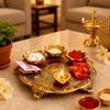 Thali de Pooja de Metal con Diya para Templo de Hogar y Oficina Artículo de Puja (1 Piezas, Dorado)