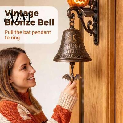 Outdoor Halloween Ornaments Light Up Ghost Pumpkin Doorbell, Vintage Resin Wall Hanging Bell with Weatherproof Patio Accents Warm Glowing, Battery