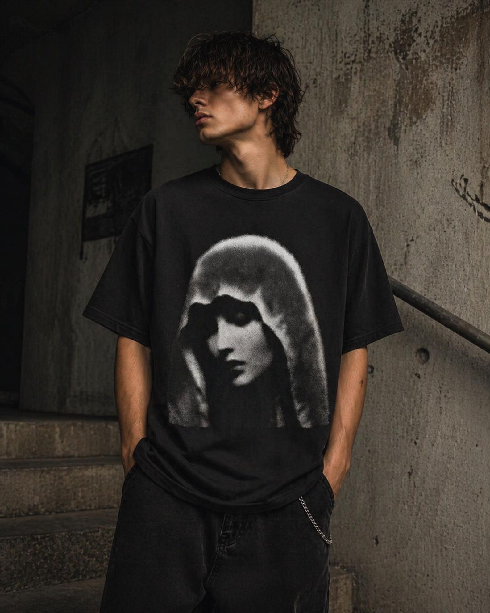 Unseen Presence Graphic Tee, Dark Aesthetic Shirt, Gothic Streetwear T Shirt, Minimalist Hooded Portrait Tee, Grunge Black Unisex Shirt S