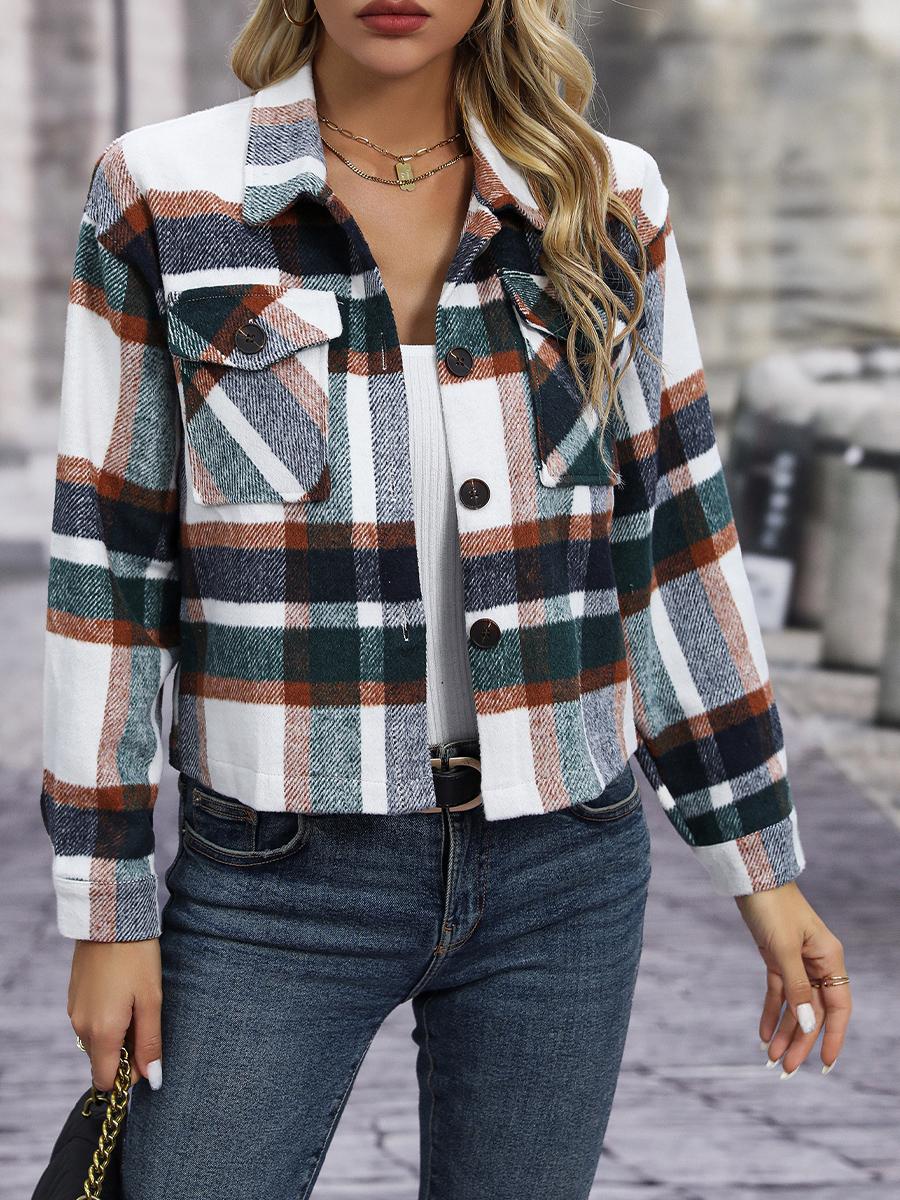 Модная повседневная женская шерстяная короткая куртка в клетку с карманами XXL зелёный — фото 18