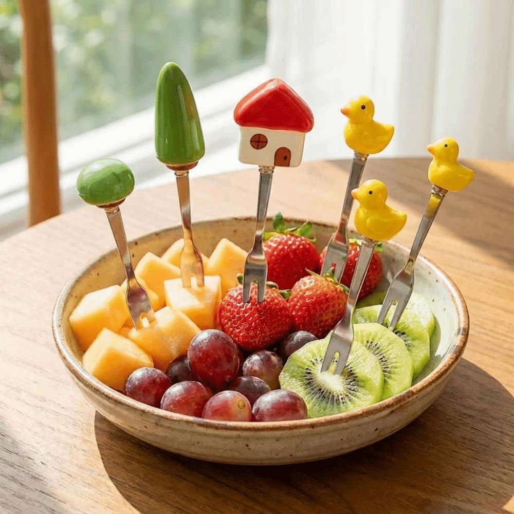 6Pcs Creative Fruit Dessert Fork Cartoon Cute Fruit Forks Stainless Steel Cake Fork Tea Preparation
