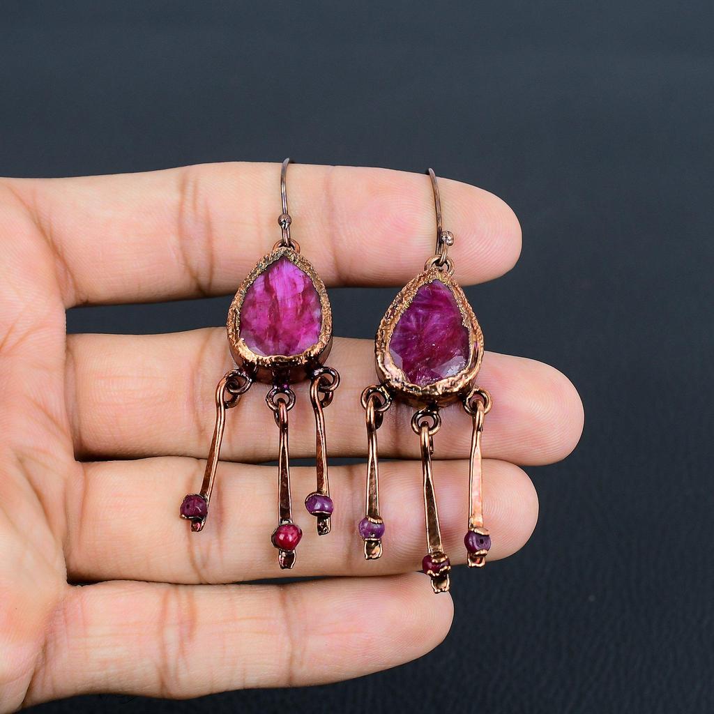 Cercei din Rubin Bijuterii cu Pietre Prețioase, Cercei Handmade Electroformați în Cupru, Bijuterii cu Design de Ultimă Oră