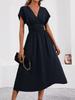 Ladies Summer Solid Color Overlapping V-Neck Bat Sleeve Waist Folds Long Elegant Dress, Women's Long Dress