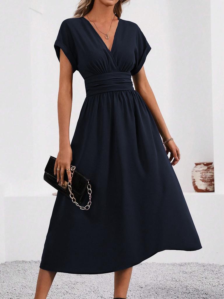 Ladies Summer Solid Color Overlapping V-Neck Bat Sleeve Waist Folds Long Elegant Dress, Women's Long Dress