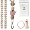 1 Set Fashion Wood Beaded Lanyard with ID Holder Pink Daisy Beads ID Holder Strap with Tassel String for ID Badges Women