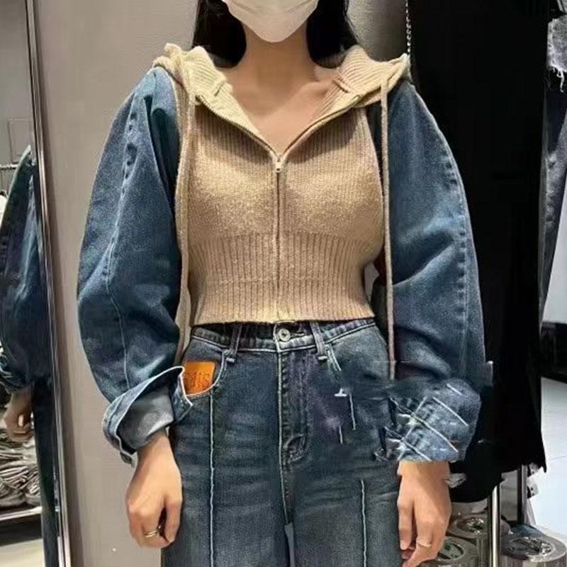 

Женский кардиган-свитер 2023, ранняя весна, сетчатый свободный джинсовый свитер с рукавами из двух частей, короткий вязаный кардиган-свитер, женский топ One Size хаки
