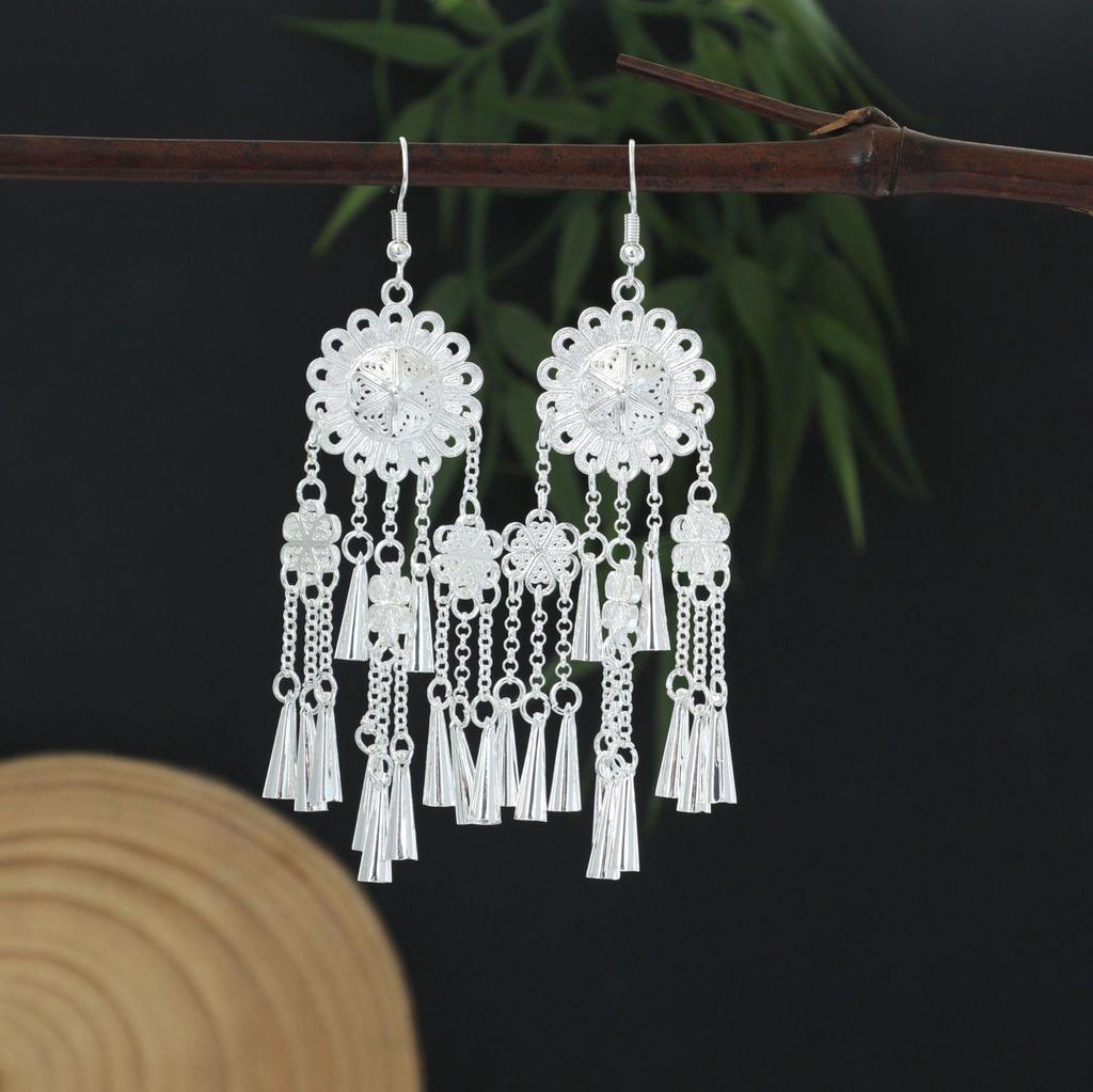 Miao Silver Tassel Earrings: Ethnic Style, Fashionable Exaggeration, Light Luxury Design