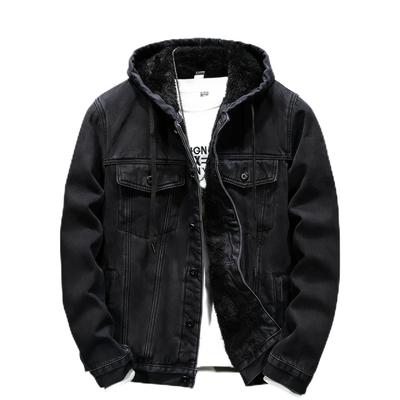 QJCLEAN Winter Denim Loose Plus Thick Denim Cold Weather Korean Street Dark Blue Men's Fleece-Lined Jacket, Hooded, Fit, Sizes, Black, Coat,