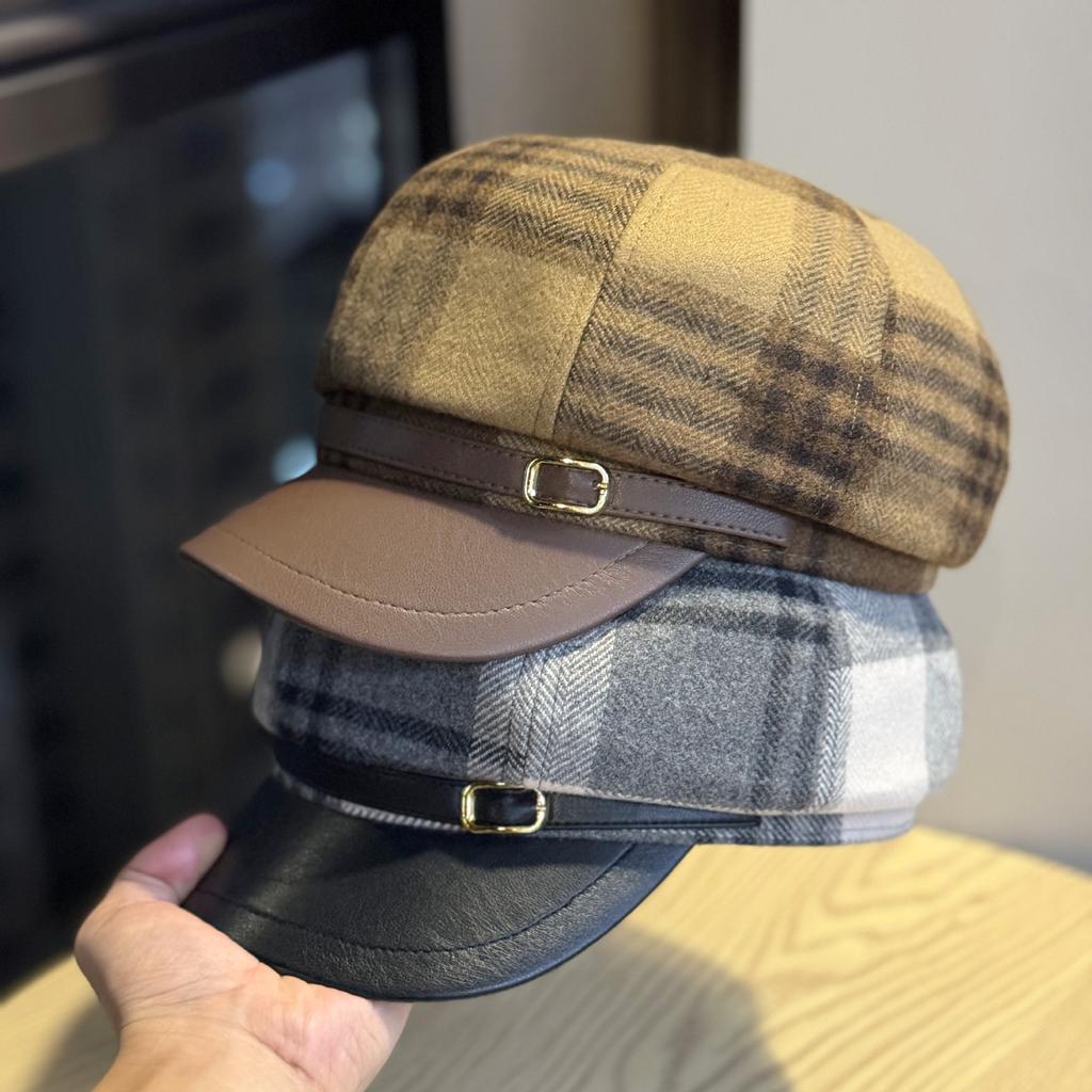 Versatile Leather Brim Plaid Octagonal Hat for Women in Spring and Autumn Trendy Painter's Hat with Small Face and Elegant Temperament