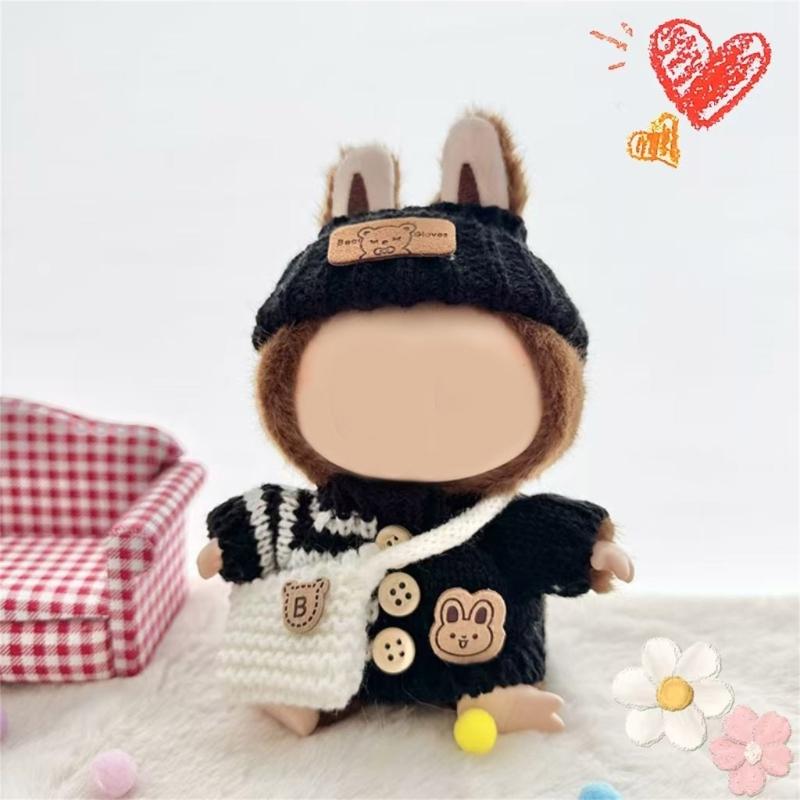 Stilvolles Strickbekleidungsset für 17cm Puppen mit modischem Pullover, Mütze und Tasche. Großartig für Sammler- und Kinderpuppen.