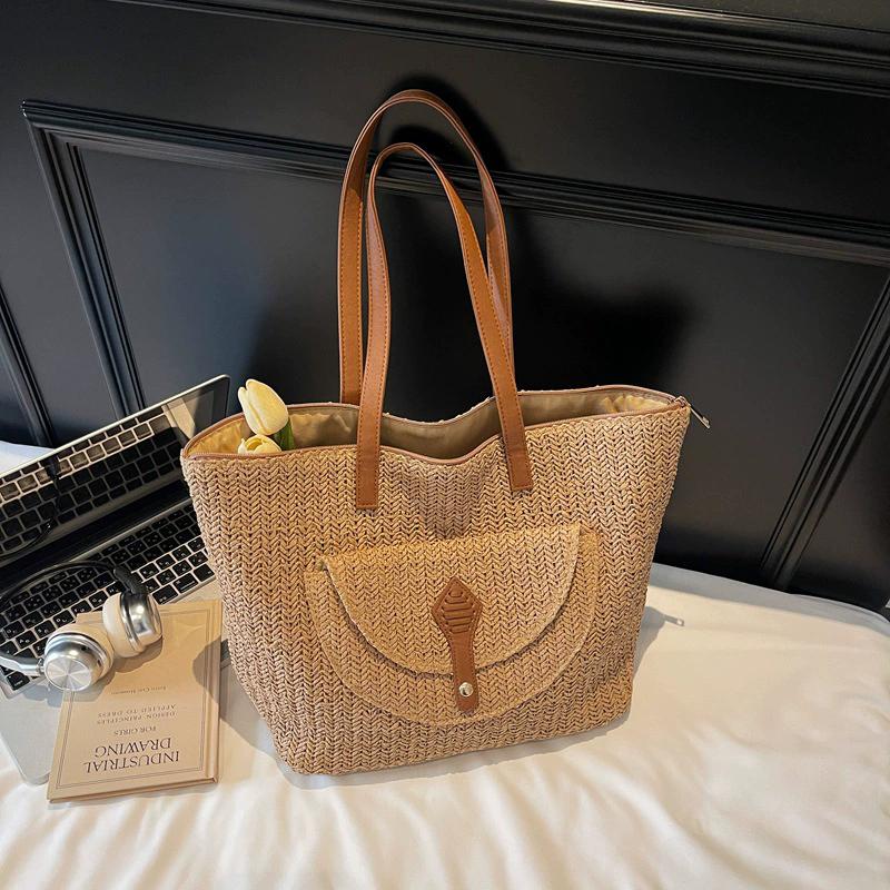 Yogodlns Women's Woven Straw Tote Bag Leather Patchwork Decor Large Capacity Casual Daily Beach Vacation Shoulder Handbag