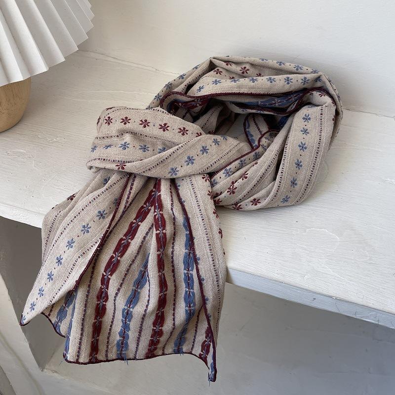 Japanese College Style Retro Literary Brown Brown Color Double-sided Flowers Cotton Scarf Female Student Neck Protection Scarf