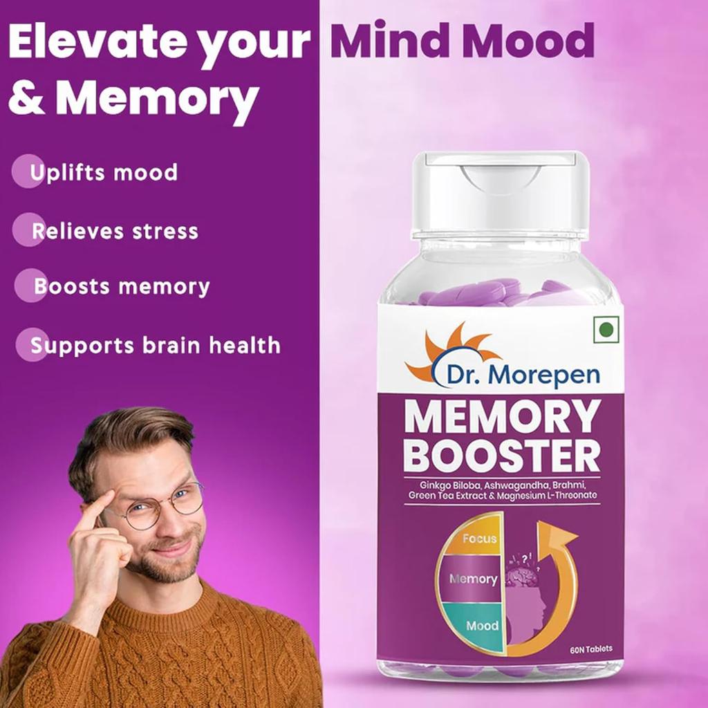 DR. MOREPEN Memory Focus Mood Tablets With GABA Ashwagandha Chamomile Brahmi Vitamins B1 B2 B3 Magnesium 60 Tablets