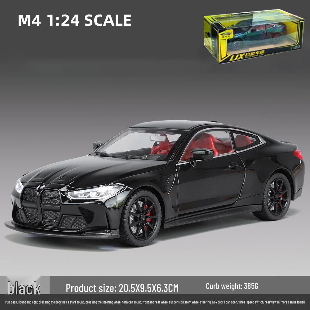 1:24 BMW M4 Diecast Car Model with Shock Absorption, Pull-Back, Steering, Sound, and Light Features.