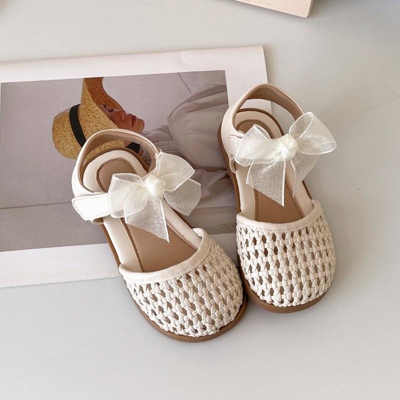 Summer Girls Closed Toe Woven Bird Nest Sandals Hollow Bow Decor Kids Beach Shoes
