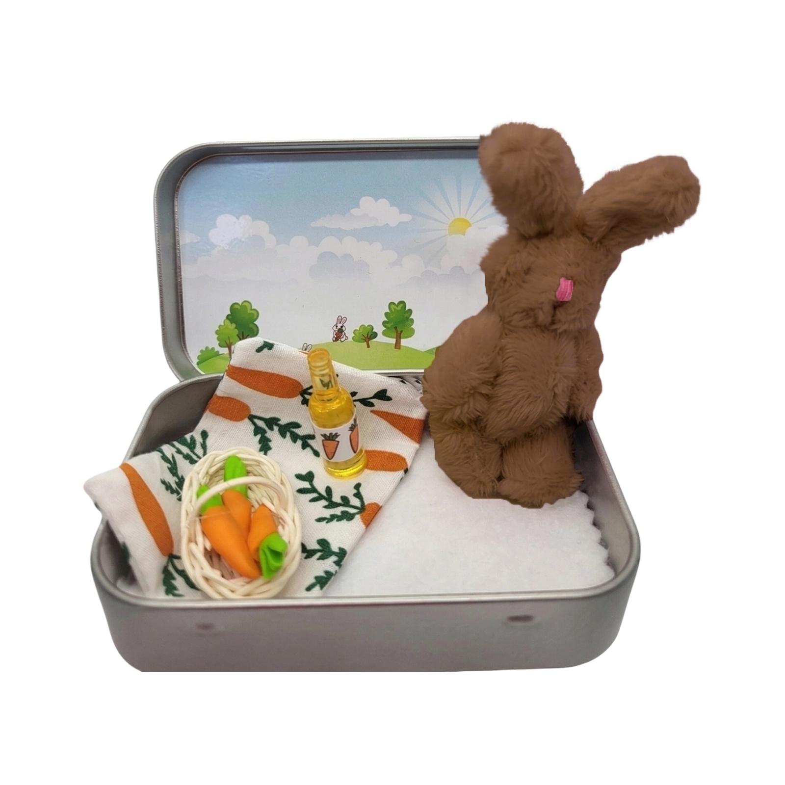 

Plush Bunny Toy with Metal Storage Tin Includes Soft Blanket Small Basket with Toy Carrots and Miniature Bottle Set for Play and Display One Size коричневый
