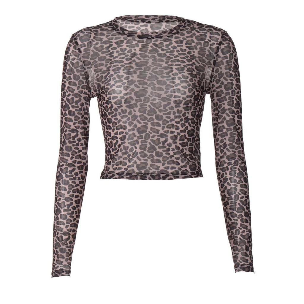 Sexy Long Sleeves Tops Mesh T Shirt Leopard Printed Bodycon Women Clothes Lady Party Club Streetwear Casual Nightout Y2K