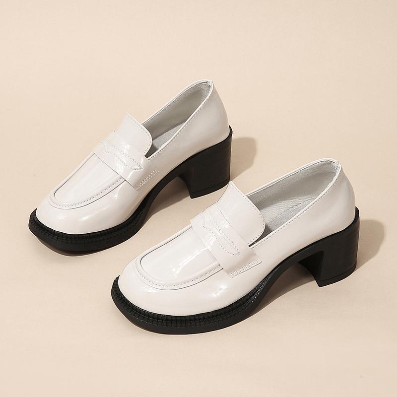 

Новые стильные туфли на высоком каблуке для женщин, весенняя верхняя одежда, профессиональные туфли-одиночки, толстые каблуки, британский стиль, маленькие кожаные туфли 35