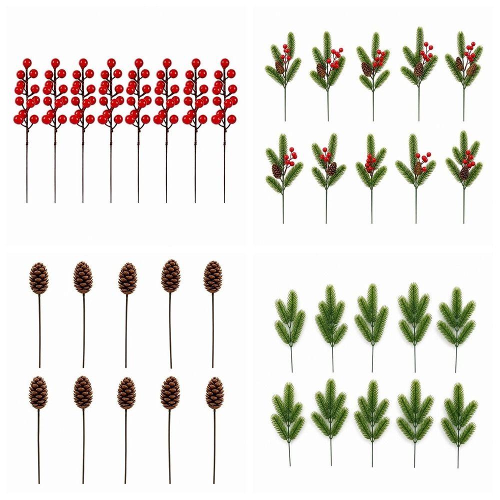 10pcs Ornaments Artificial Plants Pine Needles Red Fruits Christmas Tree Decorations New Year