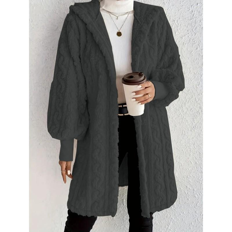 Womens Oversized Hooded Fleece Jacket Winter Warm Long Sleeve Solid Color Coat Casual Daily Wear