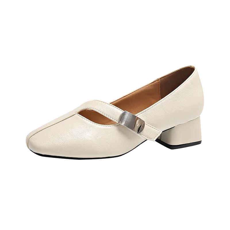 Fashion Women's Chunky Single Shoes Spring New Square Head Shallow Hollow Metal Buckle Soft Sole Non-slip Low-top Shoes