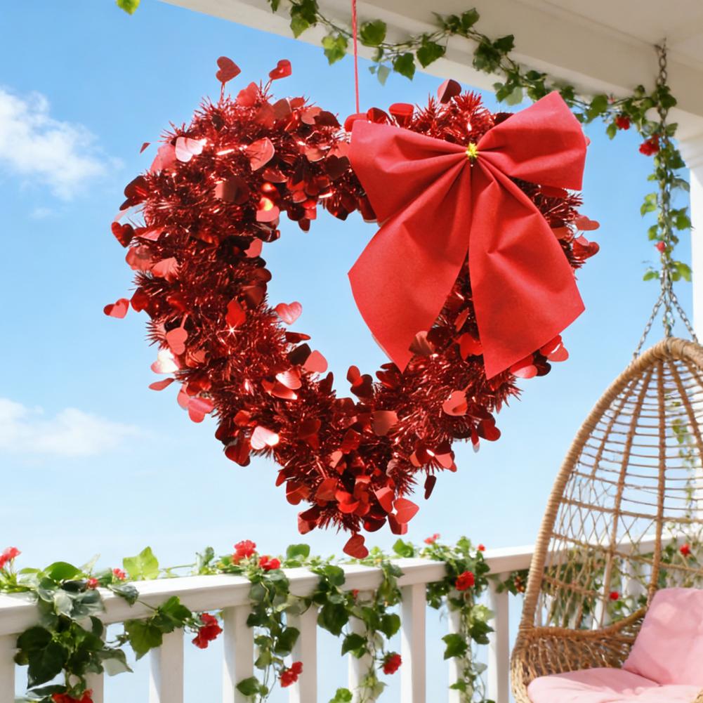Tinsel Heart Shaped Wreath with Bow for Front Door Valentine's Day Red Pink Heart Wreath for Wedding Party Wall Decor