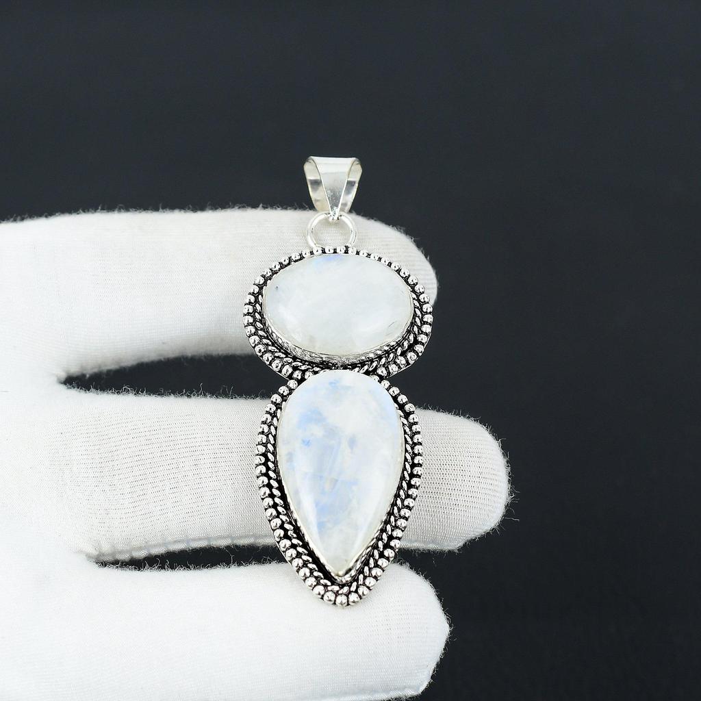 Natürlicher Mondstein Edelstein Handgefertigt 925 Sterling Silber Schmuck Anhänger, Doppelsteinanhänger, Weihnachtsgeschenk für Sie Schmuck für besondere Anlässe