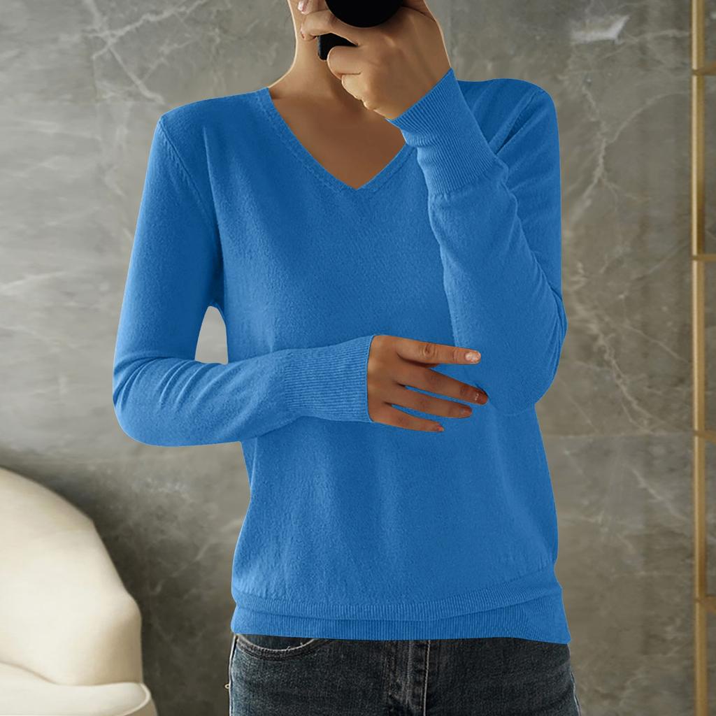 Women's Fashion Loose Knit Sweater Bottom Shirt V-Neck Pullover Long Sleeve Solid Color Top