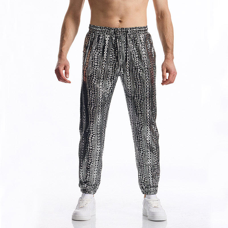 Casual pants men's summer bright polka dot pattern pants men's fashion elastic waist drawstring pants straight comfortable nightclub pants