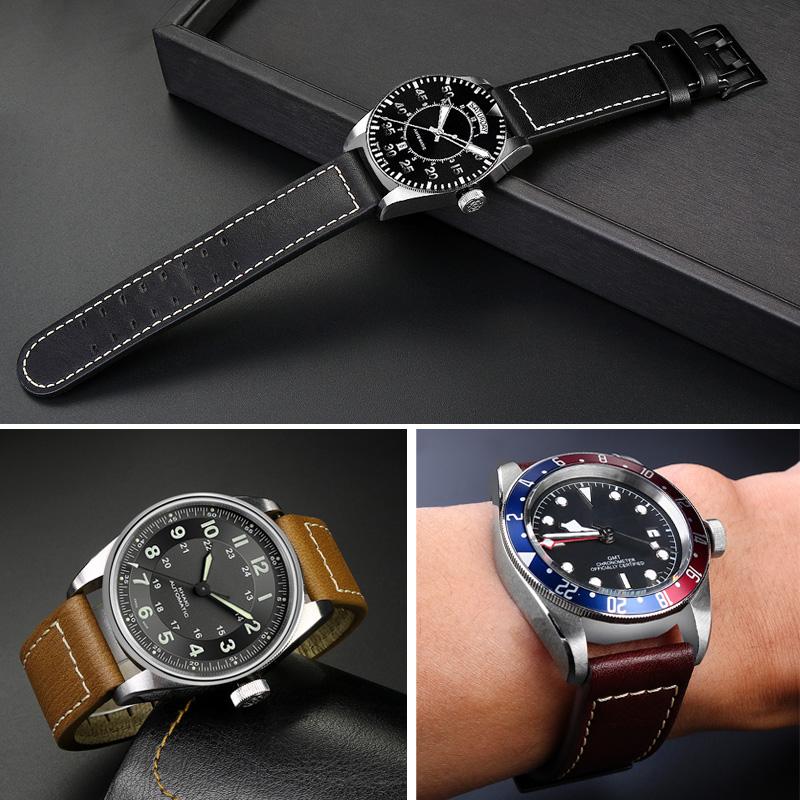 20mm 22mm Genuine Leather with Nails Watchband For Hamilton Khaki H77616533 H70615733 Series Men's Watch Band Strap Wristband